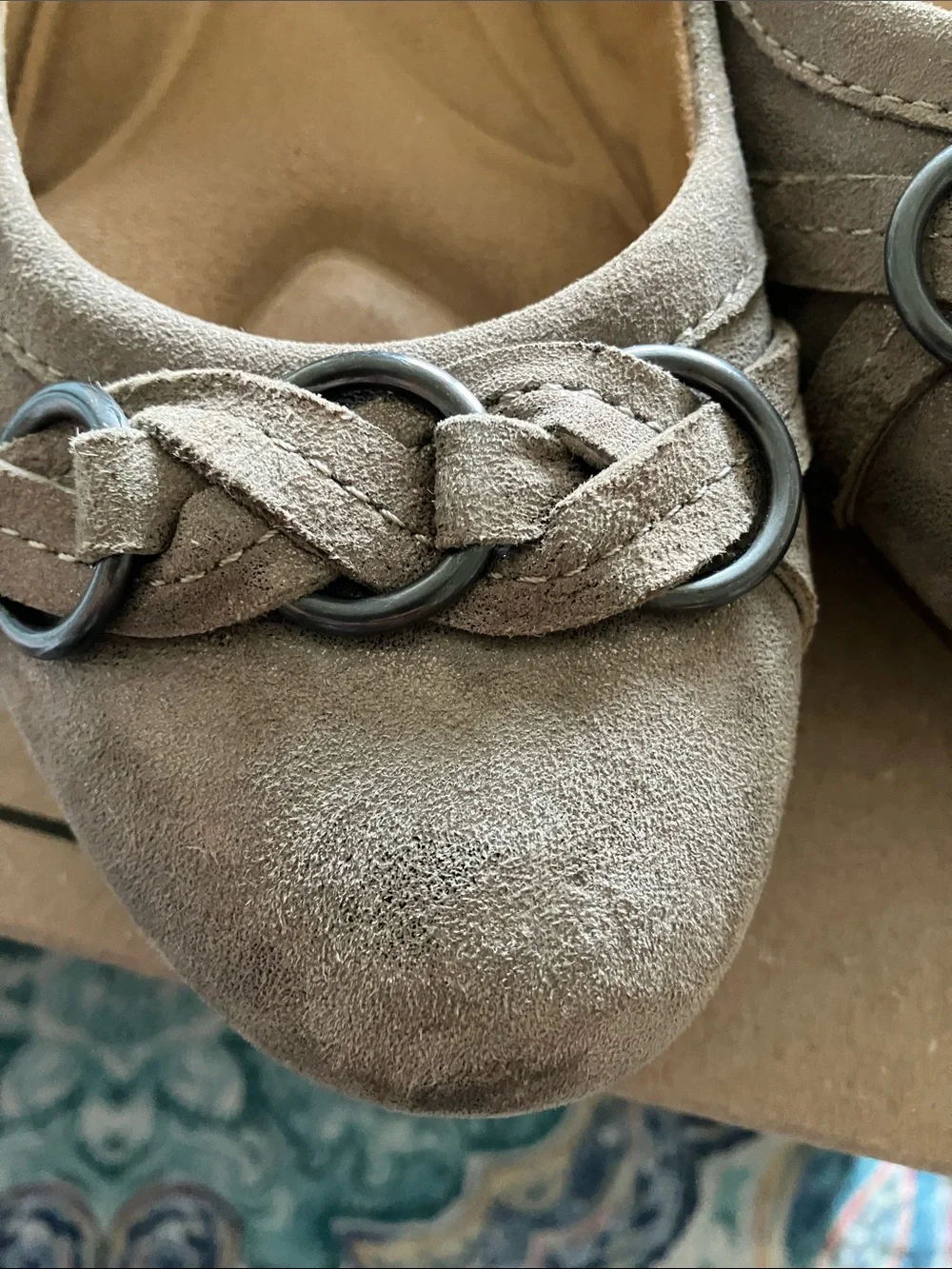 Comfortiva Taupe Braided leather Ballet Flats with Gunmetal Rings